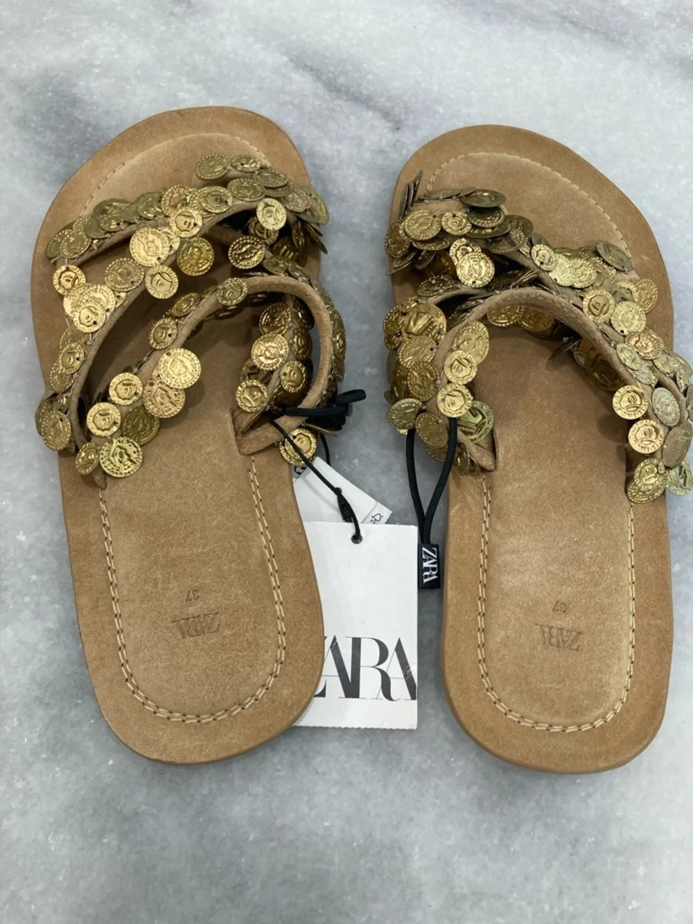 ZARA Gold Coin Suede Sandals NWT - Picture 9 of 9